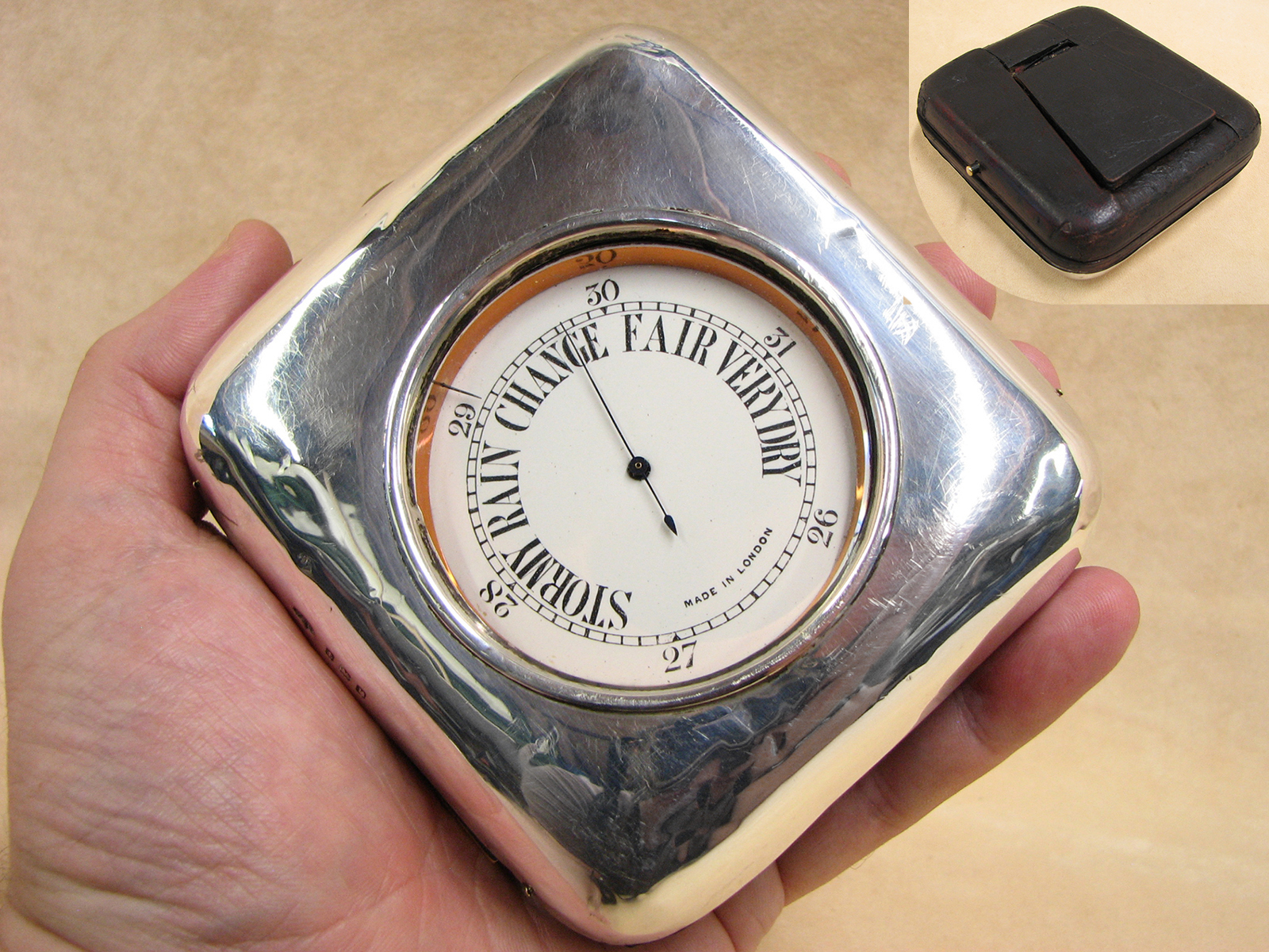 Early 1900's Goliath pocket barometer in Birmingham hallmarked silver display case'